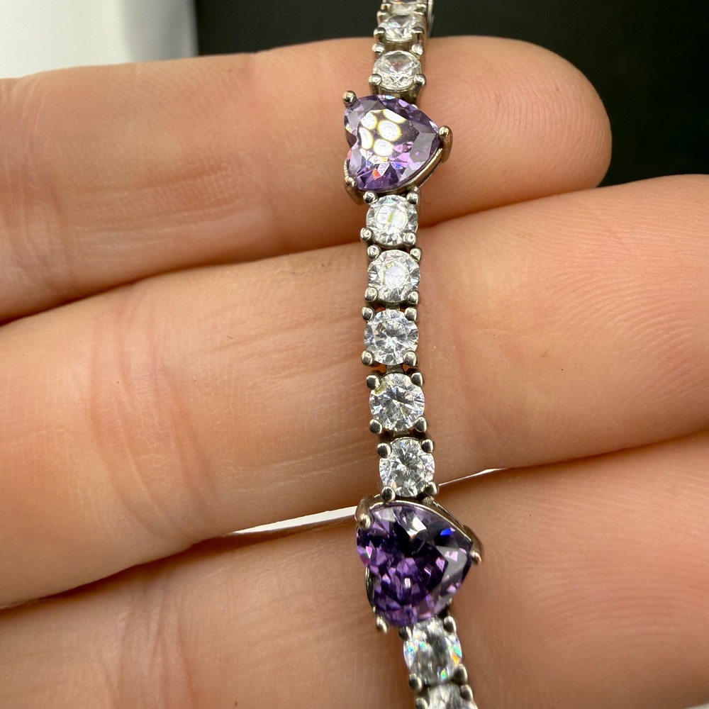 Sun BR Tennis Bracelet Purple‎ Heart Clear CZ Silver Tone Women 7"
